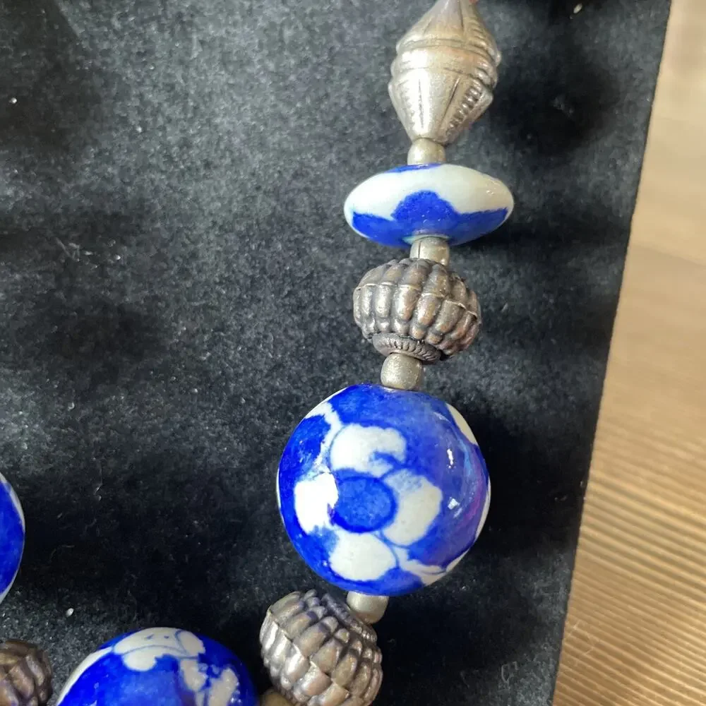 Vintage Hand Painted Chinese Porcelain Bead And Silver Beads Necklace